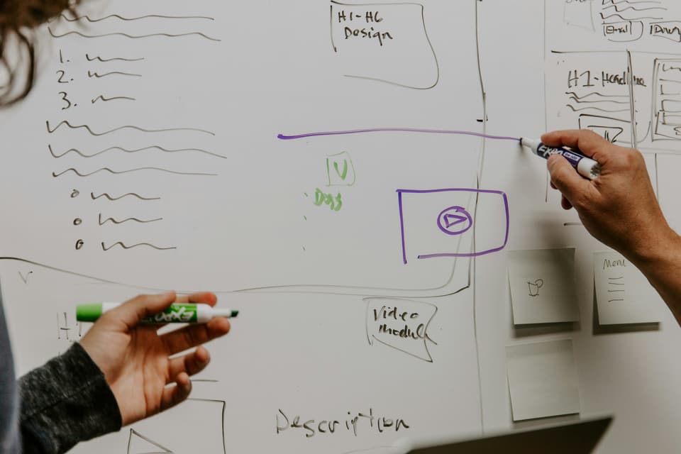 Close view of two people sketching a page layout on a whiteboard in marker, with sticky notes alongside.